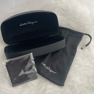 New Ferragamo large black sunglasses case with cleaning cloth and pouch